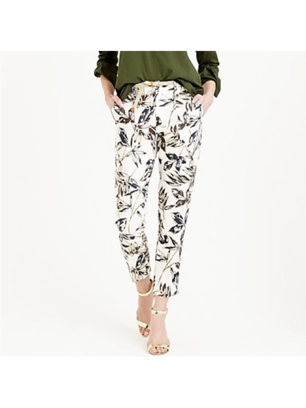 J. Crew Linen Garden Print Gold Foil Leaf Pants
